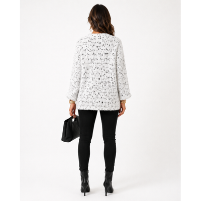 Calligraphie Soft Mock Turtleneck Sweater White Black Speckled Eyelash Knit 3/4 Sleeve, Size L. 12