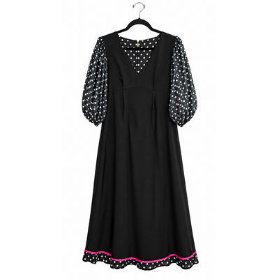 Kate Spade New York Women's Size 4 Black White Polka Dot Midi Dress Puff Sleeve 9