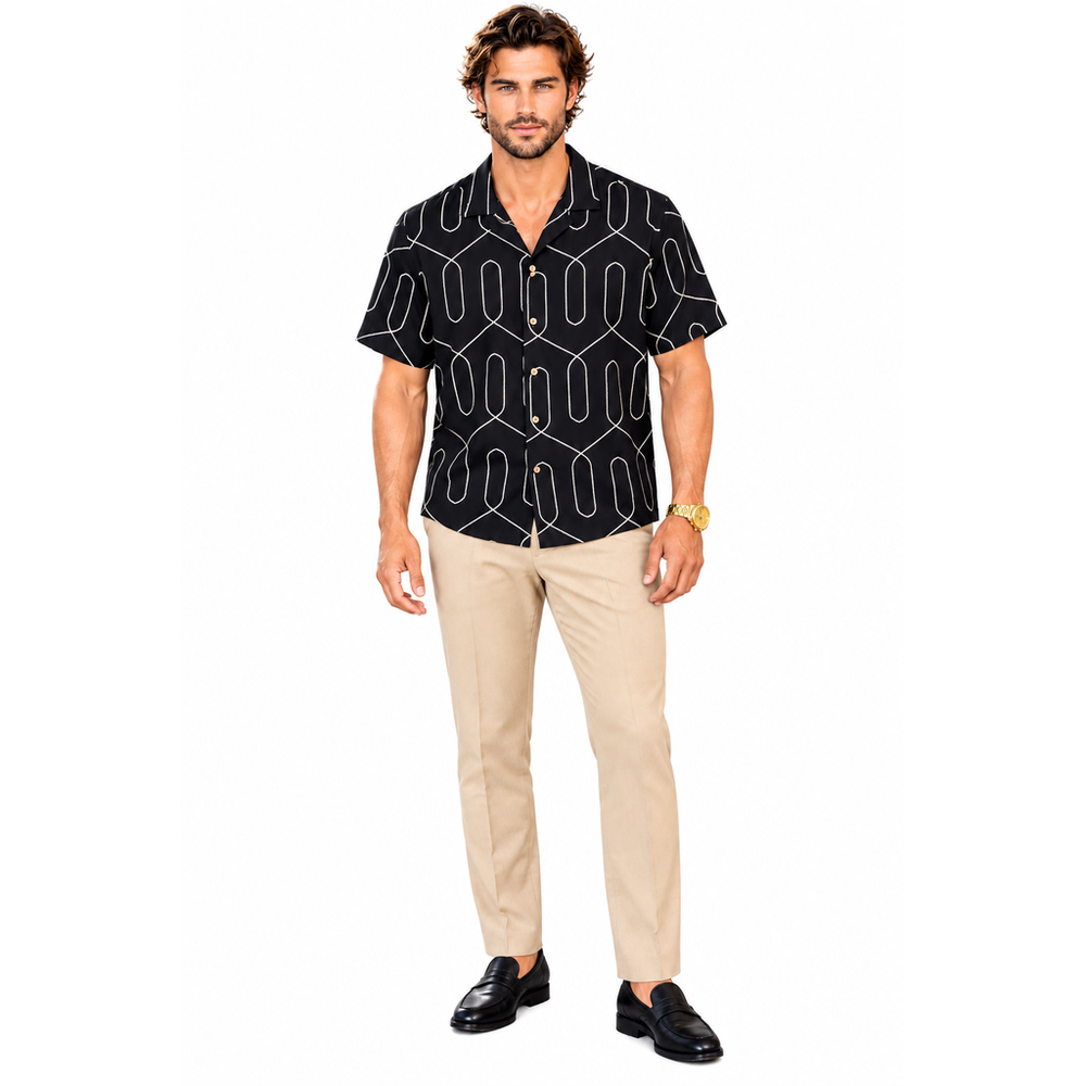 American Breed Smart Shirt Men’s Large Black Cream Geometric Short Sleeve NWT