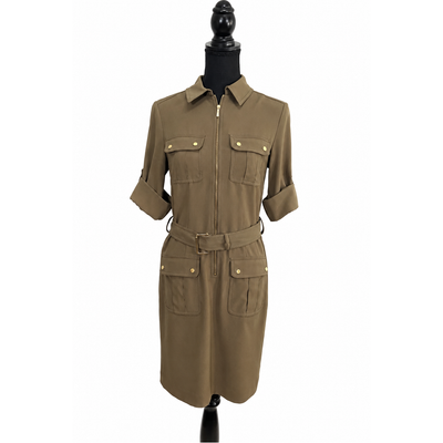 Michael Kors Utility Shirt Dress Olive Green Gold Zip Belted XS New, NWT. 11