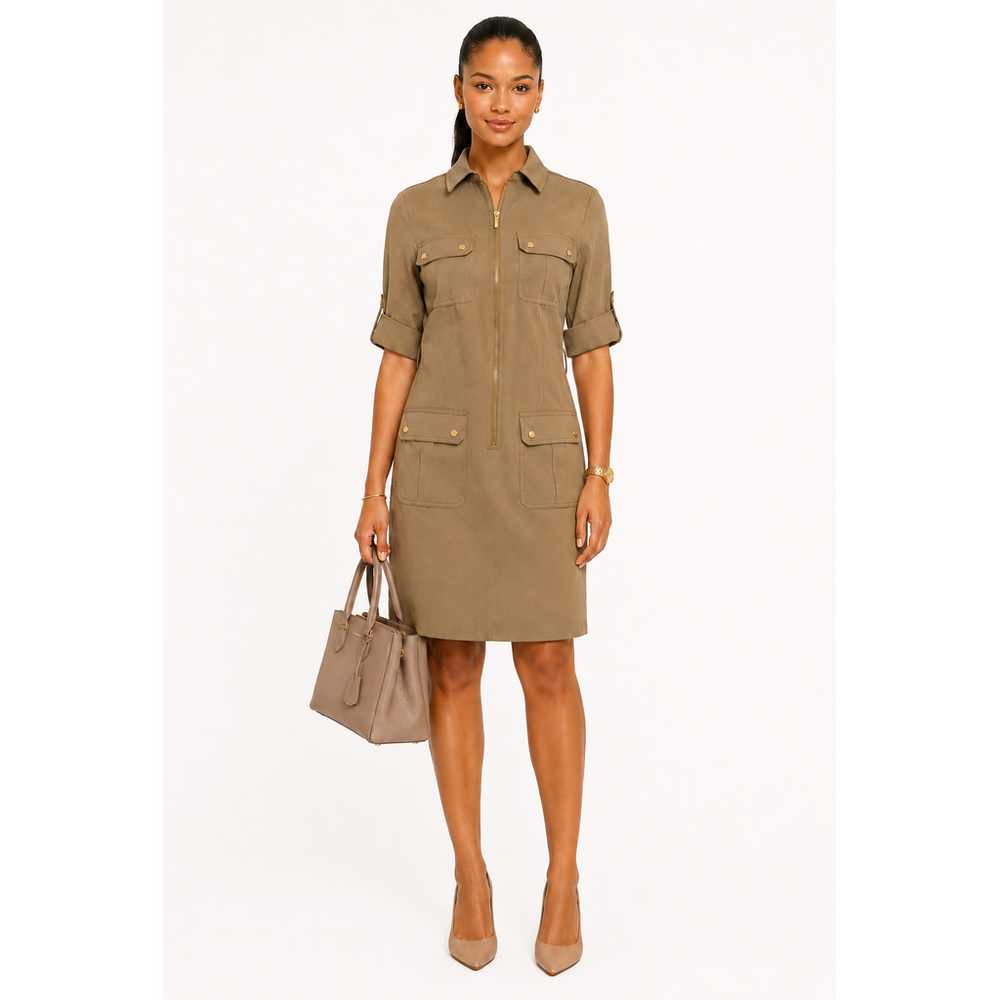 Michael Kors Utility Shirt Dress Olive Green Gold Zip Belted XS New, NWT.