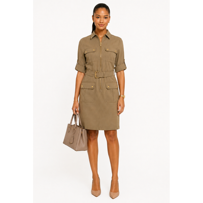 Michael Kors Utility Shirt Dress Olive Green Gold Zip Belted XS New, NWT. 10
