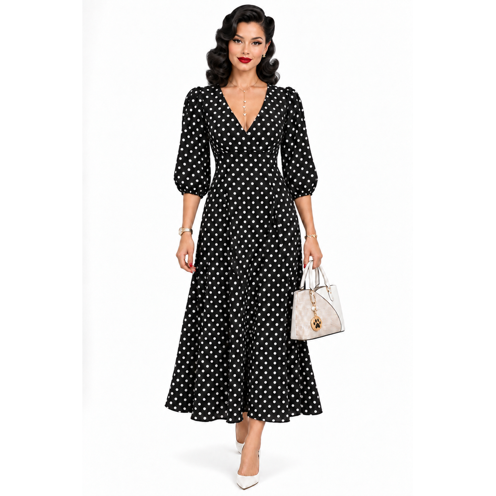 Kate Spade New York Women's Size 4 Black White Polka Dot Midi Dress Puff Sleeve
