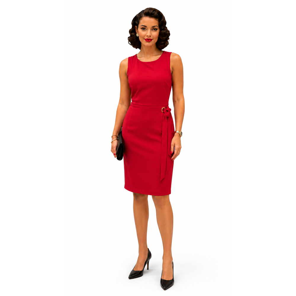 Tahari ASL Scarlet Red Sheath Dress Size 10 Gold Ring Side Tie NWT