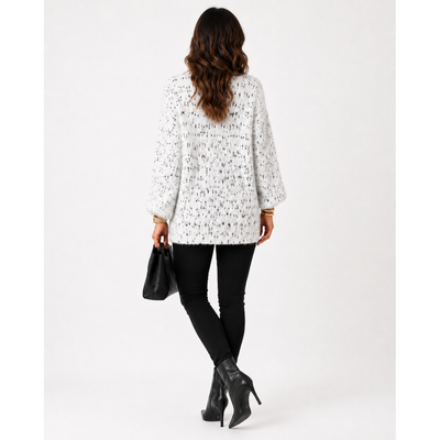Calligraphie Soft Mock Turtleneck Sweater White Black Speckled Eyelash Knit 3/4 Sleeve, Size L. 4