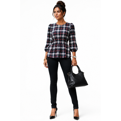 Alex & Parker Plaid Smocked Peplum Blouse Women's Small Navy Red White Long Sleeve, NWT 9