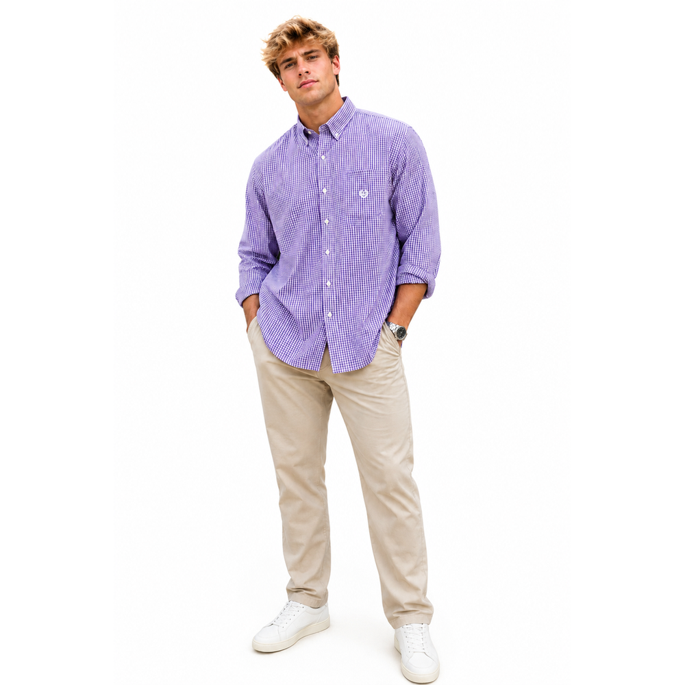 Chaps Men's XXL Tall Purple White Gingham Check Stretch Easy Care Button Down Shirt