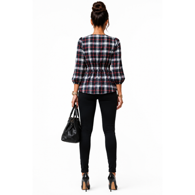Alex & Parker Plaid Smocked Peplum Blouse Women's Small Navy Red White Long Sleeve, NWT 12