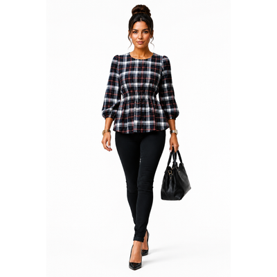 Alex & Parker Plaid Smocked Peplum Blouse Women's Small Navy Red White Long Sleeve, NWT 1
