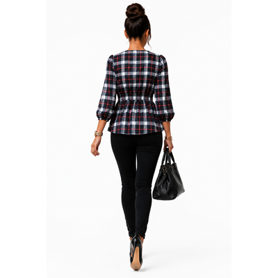 Alex & Parker Plaid Smocked Peplum Blouse Women's Small Navy Red White Long Sleeve, NWT 4