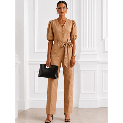 Nine West Women's Tan V-Neck Button Front Belted Jumpsuit, Size Xsmall. 11