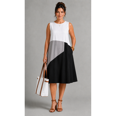 For Cynthia Womens Size XL, Colorblock Linen Blend Sleeveless Midi Dress Black White Gray NWT 1