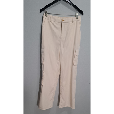 Flowy Satin-Look Cargo Pants – Cream Neutral Utility Style, Size L. 2