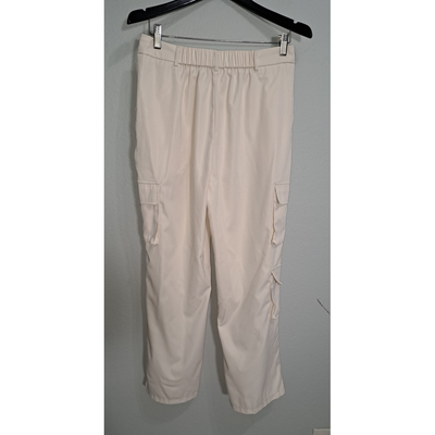 Flowy Satin-Look Cargo Pants – Cream Neutral Utility Style, Size L. 3