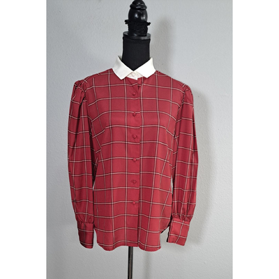 Vintage CHAUS Red Plaid Button-Up Blouse With White Collar – Women’s Size 14 (Fits Smaller Than Modern Size 14) 13