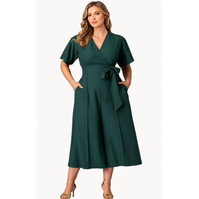 Kiyonna Evelyn Wide Leg Crop Jumpsuit Emerald Green Women’s Size 1XL NWT Elegant Wrap Tie Plus Size 6