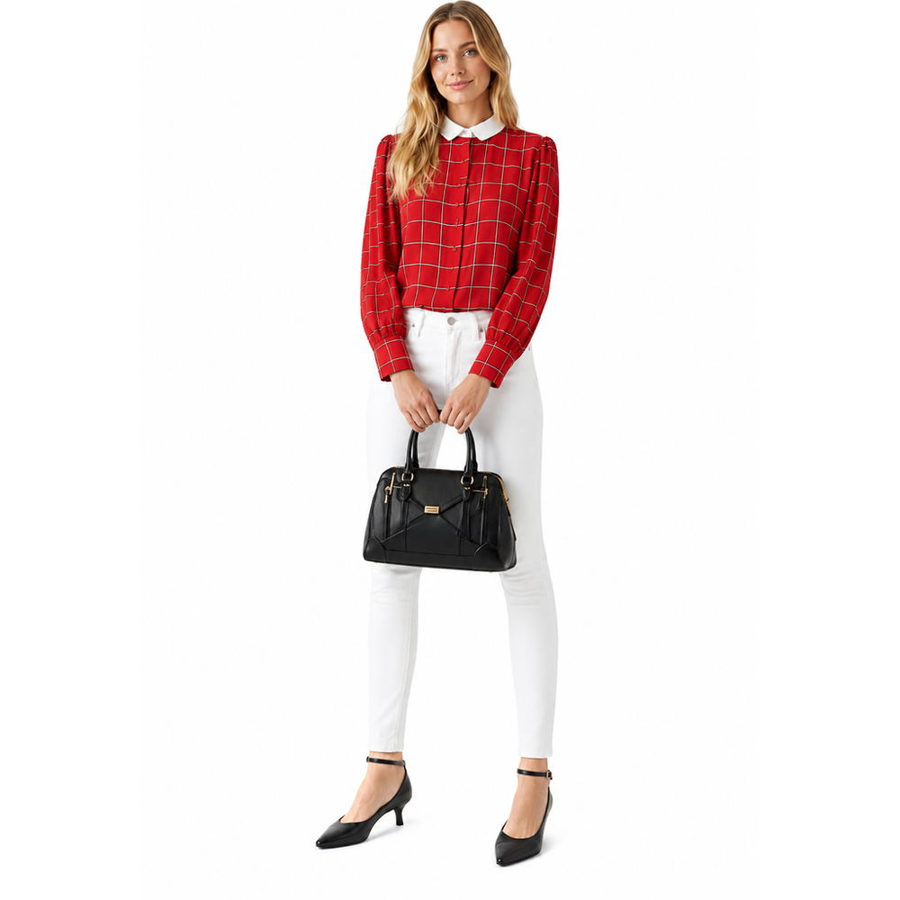 Vintage CHAUS Red Plaid Button-Up Blouse With White Collar – Women’s Size 14 (Fits Smaller Than Modern Size 14)
