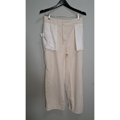Flowy Satin-Look Cargo Pants – Cream Neutral Utility Style, Size L. 7