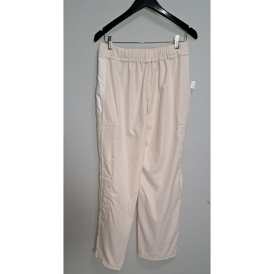 Flowy Satin-Look Cargo Pants – Cream Neutral Utility Style, Size L. 6
