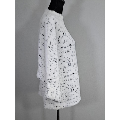 Calligraphie Soft Mock Turtleneck Sweater White Black Speckled Eyelash Knit 3/4 Sleeve, Size L. 3