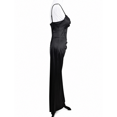 Blondie Nites Black Satin Corset Evening Gown Size 9/10 | Side Slit Formal Dress NWT 13