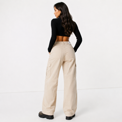 Flowy Satin-Look Cargo Pants – Cream Neutral Utility Style, Size L. 4